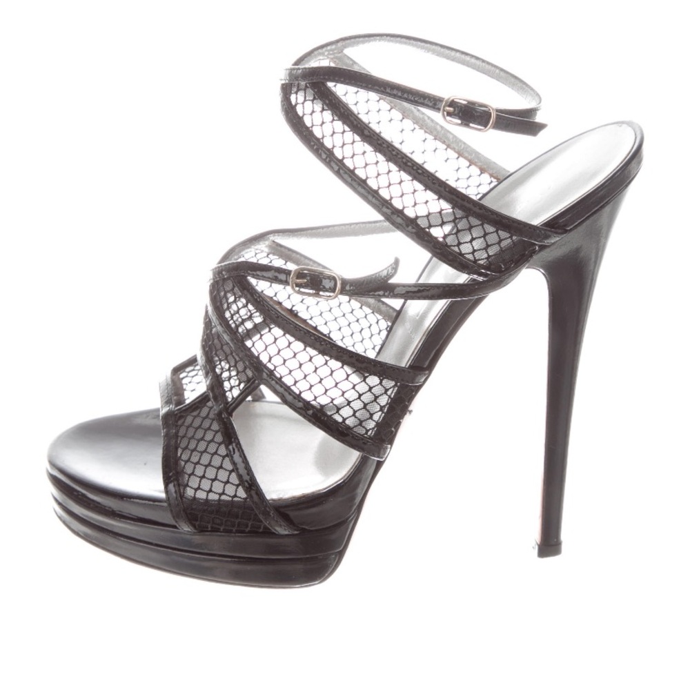 Black leather and mesh Casadei high heeled sandal, EUC,  sz 9.5